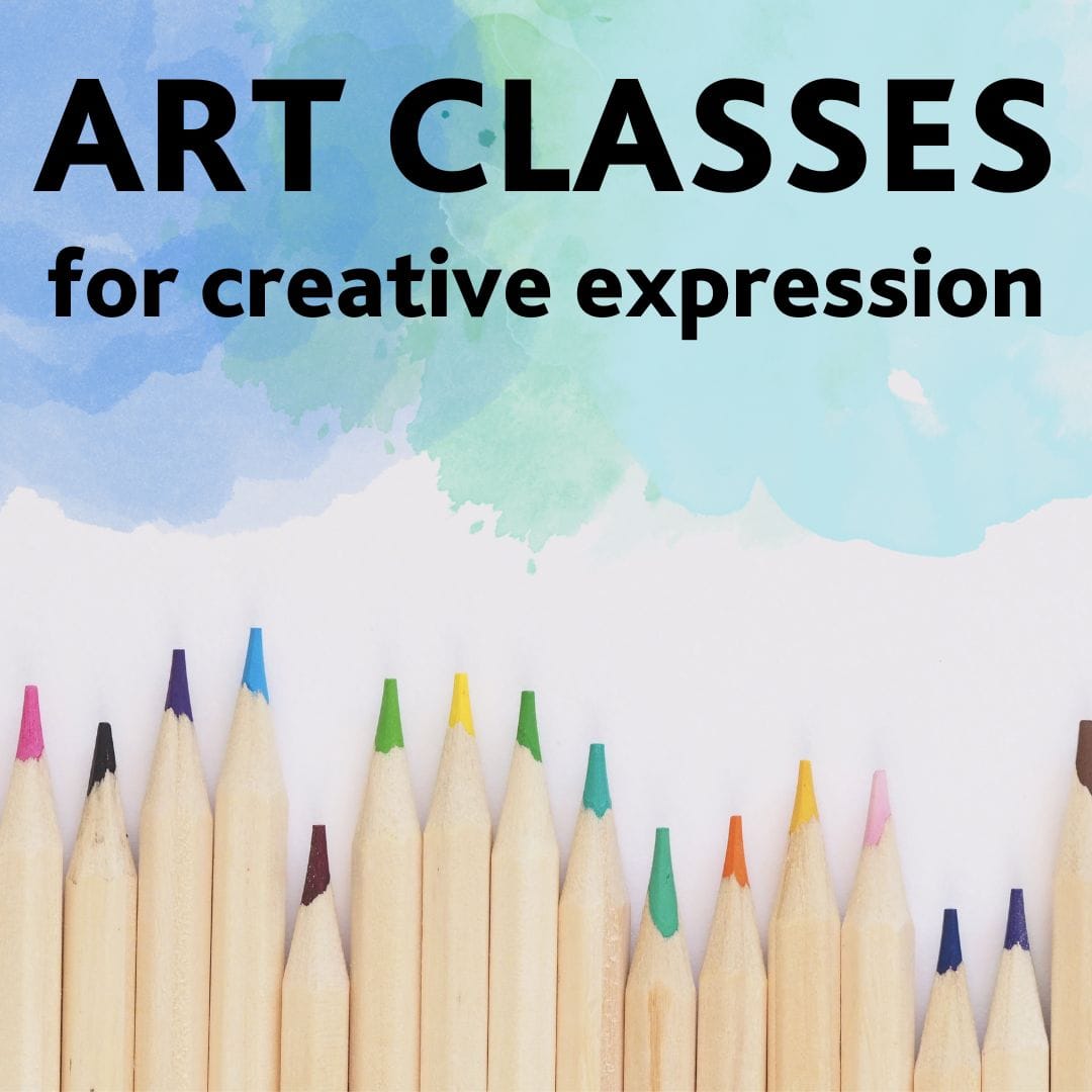 a row of pencils with the words art classes for creative expression.